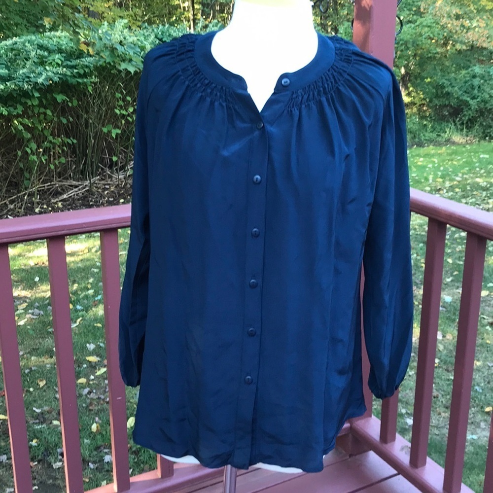 JIGSAW size S navy ruched silk front button top